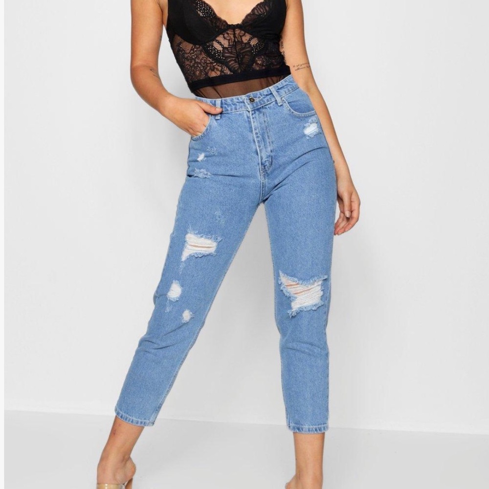 High Waisted Distressed Mom Jeans | Boohoo